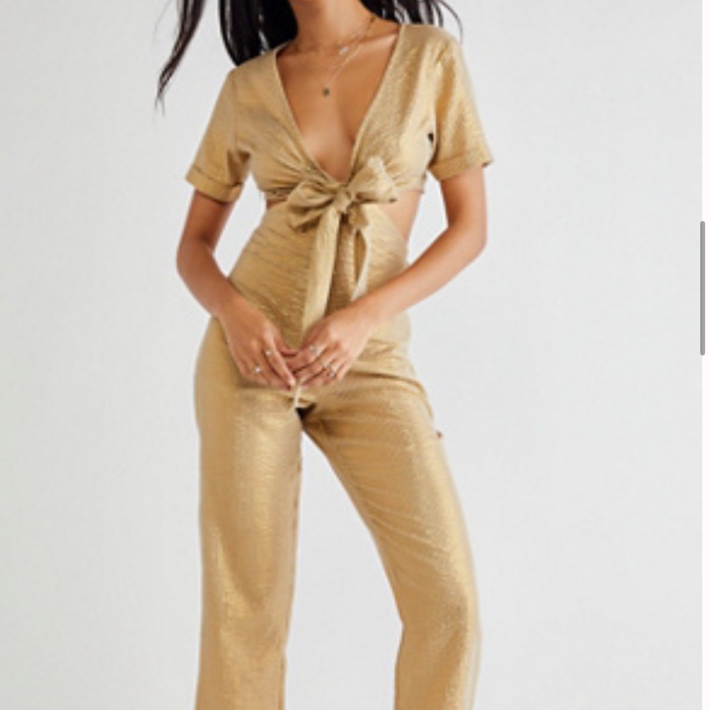 Free People Metallic Gold Tie-Front V-Neck Jumpsuit